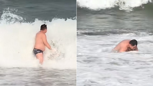 FÃ FILMA SERTANEJO MARRONE LEVANDO 'CALDO' NA PRAIA E DIZ: 'UM POUQUINHO BÊBADO'; VÍDEO
